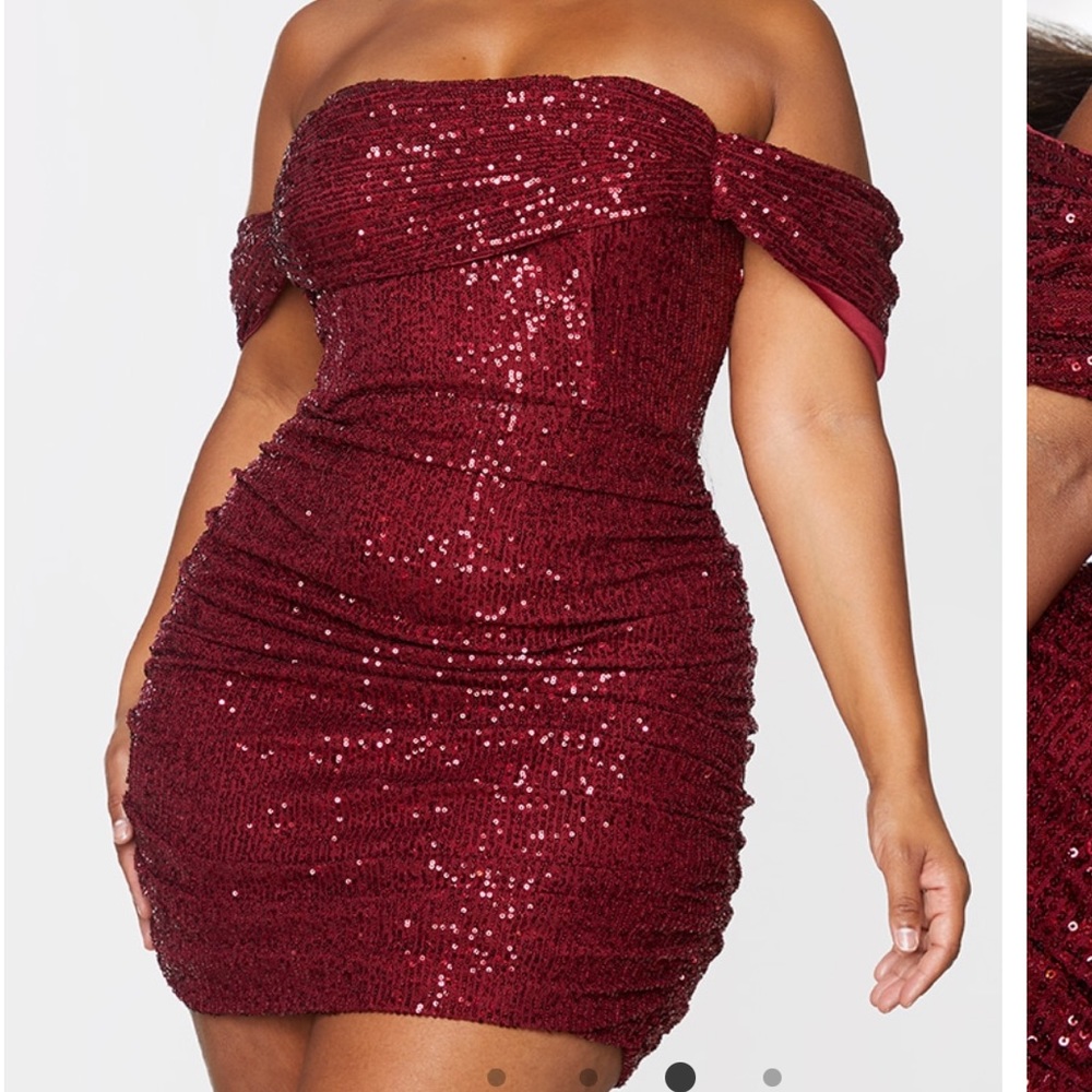 Plus Burgundy Sequin Bardot Bodycon Dress. Pretty little thing